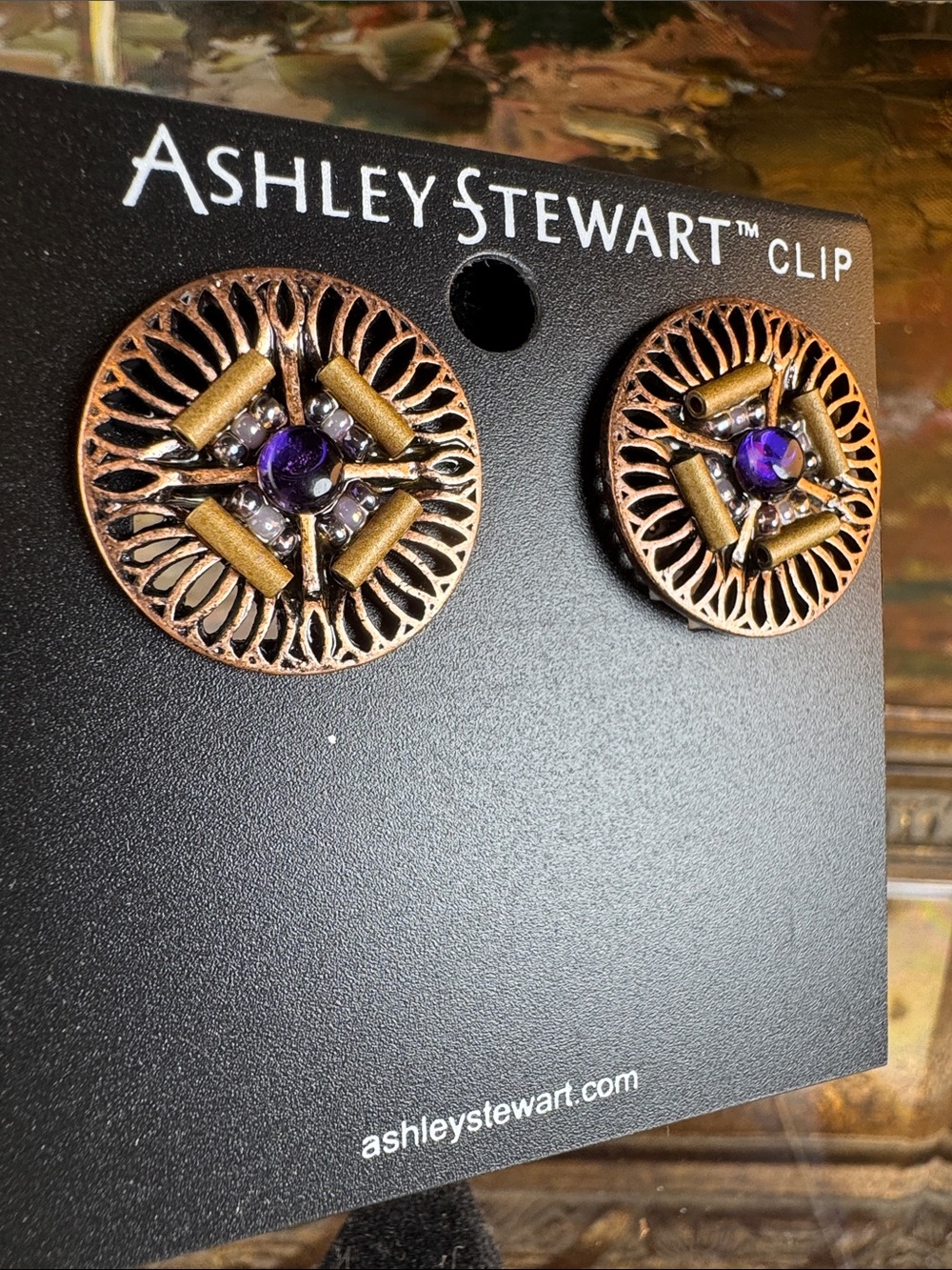0711-Ashley Stewart Bronze-Tone Clip Earrings with Purple Center